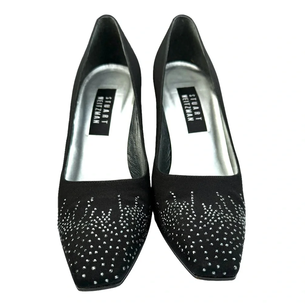 Stuart Weitzman Heels Crystal Embellishment Satin Black Pumps - Picture 12 of 17